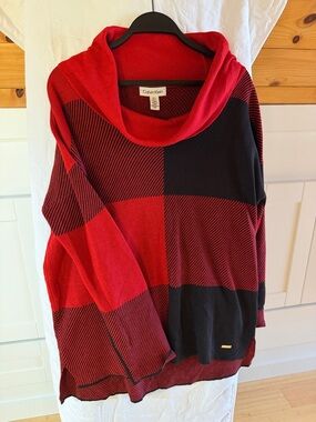 Calvin Klein Red & Black Colorblock Cowl Neck Sweater